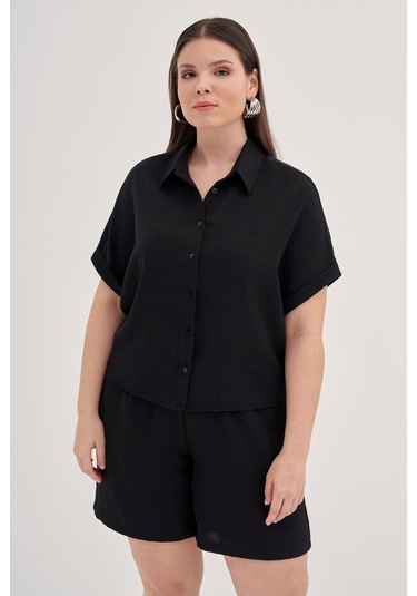 Kısa Kollu Oversıze Gömlek-1805 Siyah