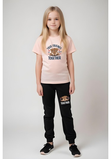 True Friends Baskılı Kız Çocuk Tişört Ve Eşofman Alt-üst Takım Somon