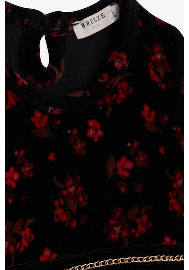 Breeze Kız Çocuk Kadife Elbise Çiçekli 2-6 Yaş, Siyah