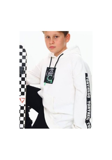 Çocuk Kapüşonlu Stay Strong Yazılıi Sweatshirt-14816 Ekru