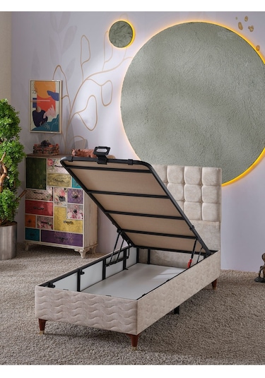 Beehanem Bengü Tek Kişilik 3lü Set Yatak+baza+başlık Jeryykrem 90 X 190