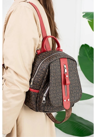 Just Polo Kadın Günlük Kullanıma Uygun Su Geçirmez Çok Bölmeli Sırt Çantası Shopper Kırmızı Kahve
