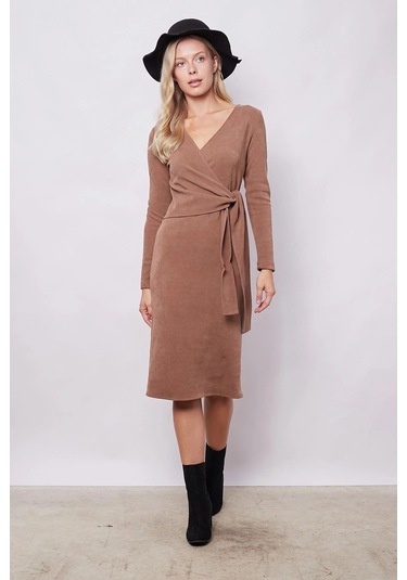 Kadın Hafif Likralı Triko Kruvaze Anvelop Bağcıklı Uzun Kol Diz Altı Uzun Elbise-camel Camel