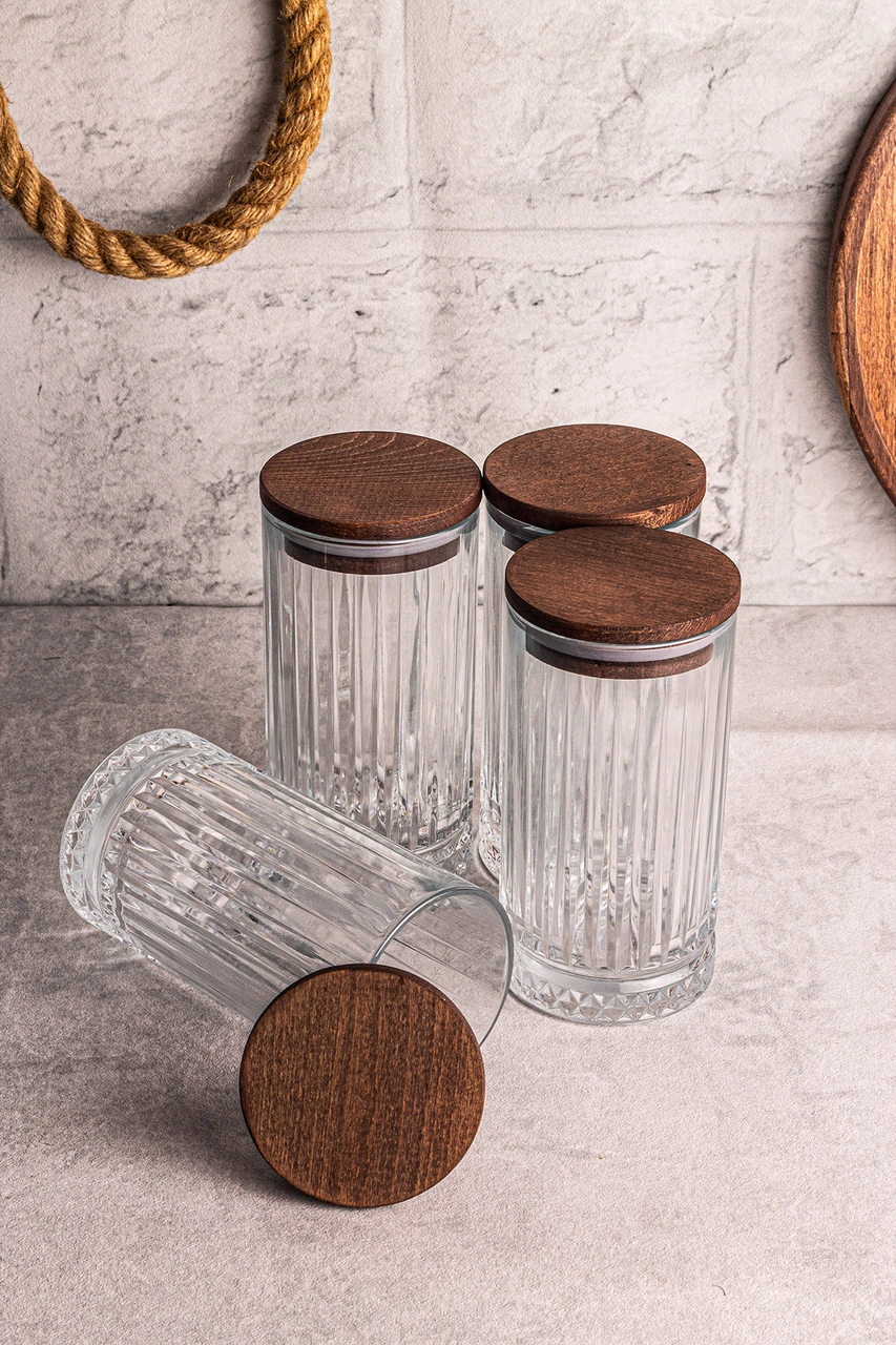 Mira 4'lü Ahşap Vakumlu Kapaklı Cam Saklama Kabı 450 Ml 4 Adet Ahşap