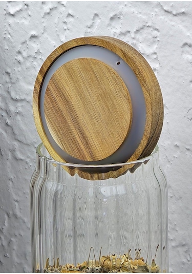 Timber Cam Kavanoz - Çizgili Saklama Kavanozu - Ahşap Kapaklı, 950 Ml