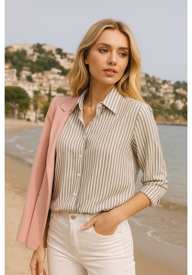 Kadın Çizgili Oversize Gömlek Haki Beyaz Pamuk Gömlek Haki