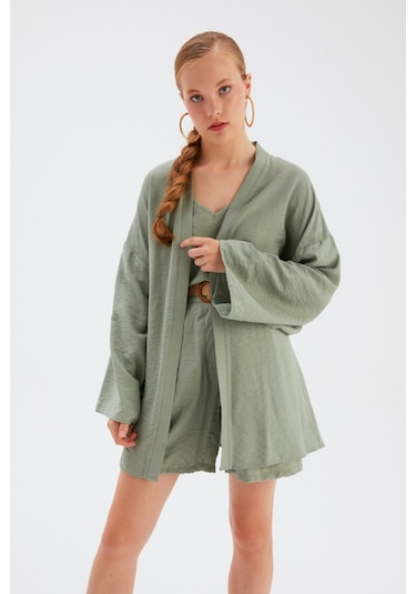 Sateen Kuşak Detaylı Salaş Kimono- Yeşil