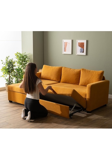 Pafu Kado Yataklı Köşe Koltuk Takımı - Bohem Hardal Hardal