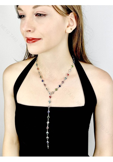 Y Kolye, Taşlı, Çok Renkli, Kalpli, Kolye 433, Kasa Gümüş Renk Gümüş