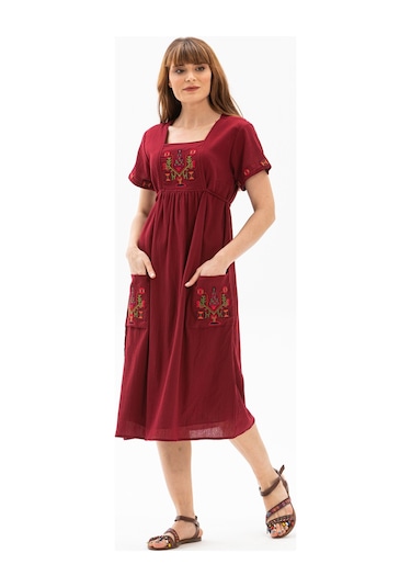 Kısa Kol Şile Bezi Melek Midi Boy Elbise Bordo Brd