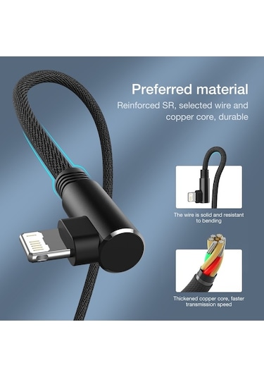 Prestigegoods 90 Derece Usb Kablosu İphone 13 12 11 Pro Max X Xr 6 7 8 Plus Se2 İpad Uyumlu Uzun 3m Hızlı Şarj Veri Kablosu