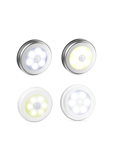 Konesam 6 Led Pır Hareket Sensörlü Gece Lambası - Kablosuz Otomatik Aç/kapat - Dolap, Koridor, Yatak Odası Işığı Gümüş, Beyaz Işık Gümüş