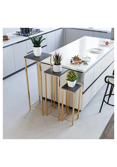 Dekoratif Saksılık 3lü Saksı Standı Gold Ayak Çok Amaçlı Metal Gold Ayaklı Yan Sehpa Saksılık Antrasit