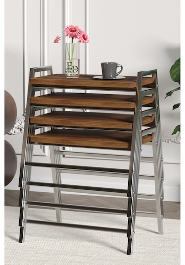 Zigon Sehpa , Aden 4'lü Tepsi Zigon Sehpa Takımı Gümüş Metal - Barok Tabla Gümüş-barok