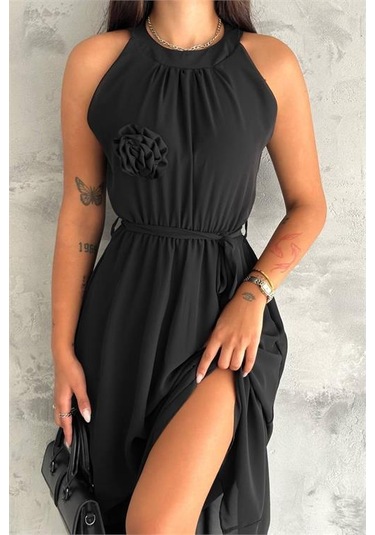 Kadın Astarlı Sıfır Kol Şifon Elbise Dpnbk2144 Siyah