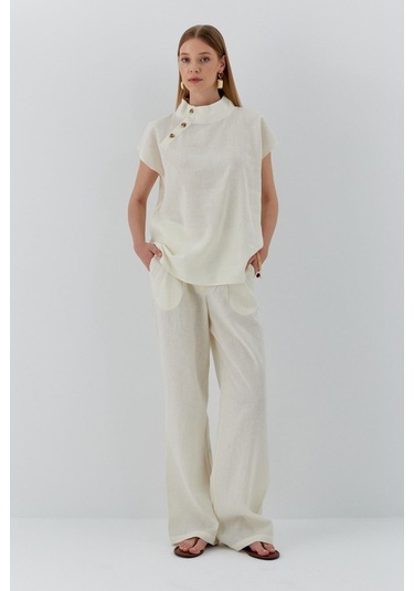 Düğme Detaylı Keten Takım Ekru Ekru