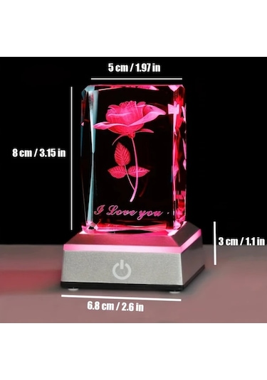 Honeybeeshop 1 Zarif 3d Gül Kristal Gece Lambası 5x5x8 Cm Renk Değiştiren Led Sevgililer Günü Hediyesi Beyaz
