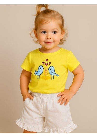Kız Bebek Kuş Desenli Pamuklu Şortlu Takım-16072 Sari