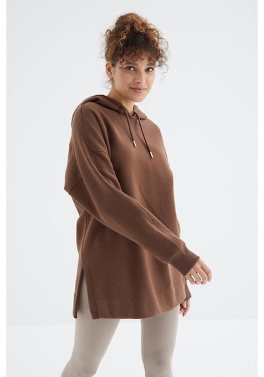 Kahverengi Reglan Kol Basic Kapüşonlu Oversize Sweatshirt Tunik - 97242 Kahverengi