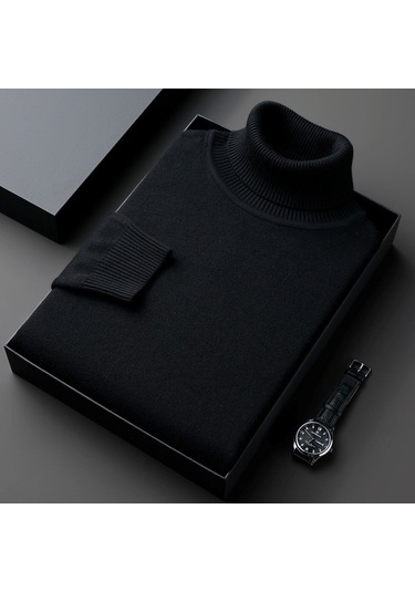 Erkekler İçin Yeni Sonbahar Ve Kış Sezonu Düz Renk Yüksek Yakalı Kazak Siyah