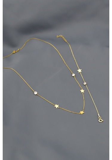 Papatya Silver 925 Ayar Gümüş Altın Kapla Taşlı Yıldız Kolye Bileklik Set