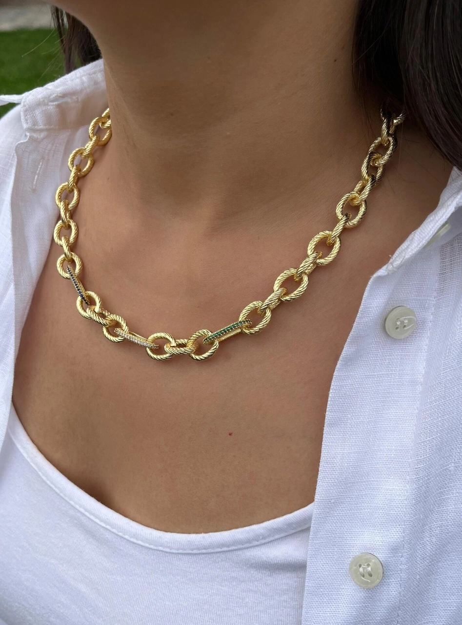 Renk Detaylı Kalın Zincir Kolye Çok Renkli