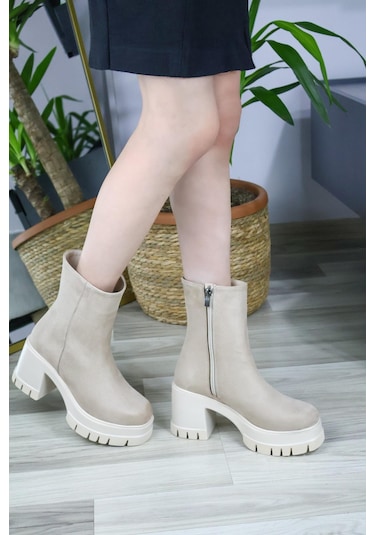 Asmi Shoes Kadın Leysi 8 Cm Platformlu Topuklu Fermuarlı Bot Bej Süet Bej