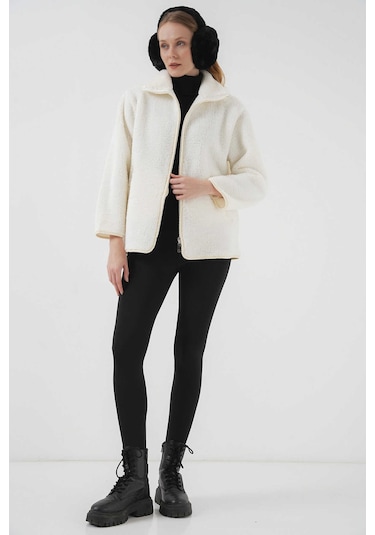 Gabria Fermuarlı Peluş Mont Ekru