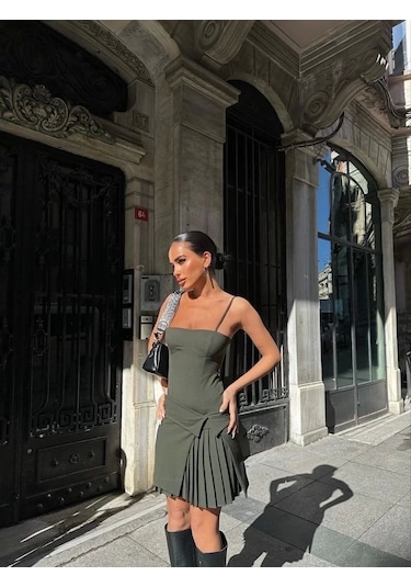 İki Parçalı Pileli Askılı Kadın Mini Elbise - Haki Haki