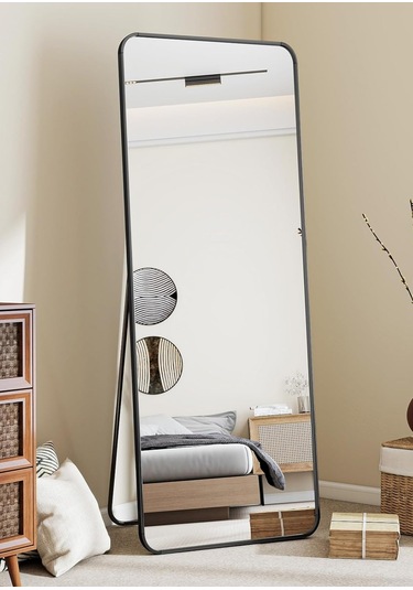 Pera 140x55 Yuvarlak Köşeli Yer Aynası Ayaklı, Asılı, Duvara Yaslı, Yatak Odası, Giyinme Odası Siyah