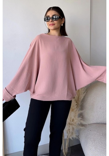 Kadın Pudra Airobin Yarasa Duble Kol Salaş Bluz Ekstra Oversize Yuvarlak Yaka - Tesettüre Uygun Pudra