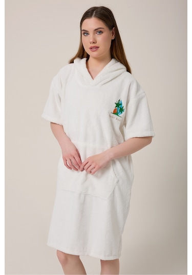 Palmiye Sörf Nakışlı Yetişkin Sörf Yazlık Panço Kapüşonlu Plaj Havlusu Krem Krem