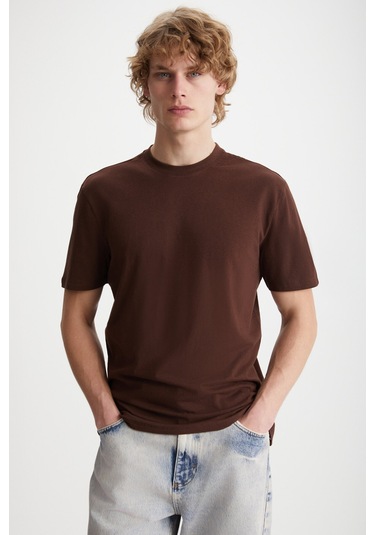Mıchel Erkek Slim Fit Dar Kesim %100 Organik Pamuklu Yana Kayan Dikişli Basic Örme Acı Kahve T-shir
