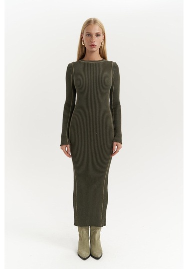 Aston Çizgi Detay Haki Triko Elbise Haki