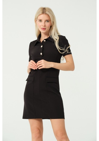 Polo Yaka Mini Elbise Siyah