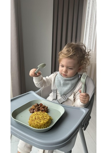 Kare Bebek Mama Tabağı 2'li Sage Green - Peach