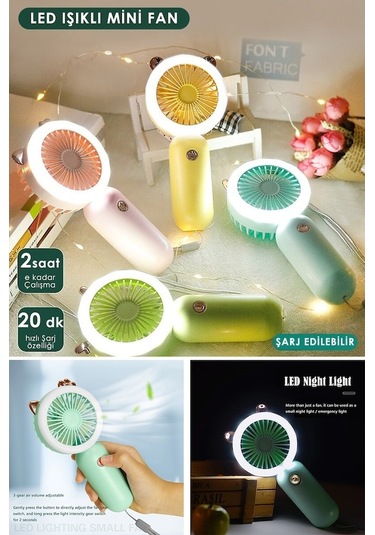 Didadodo Technosmart Mini El Fanı, Usb Şarjlı Led Işıklı, Taşınabilir Ergonomik Tasarımlı Yeni Renk Seçenekleri