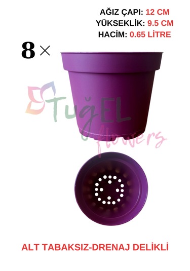 8 Adet Mor Plastik Saksı 12 Cm.lik Alt Tabaksız Mor