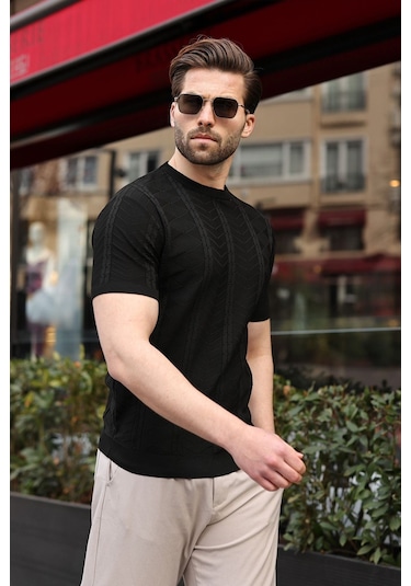 Siyah Bisiklet Yaka Slim Fit Triko Erkek Tişört E7466