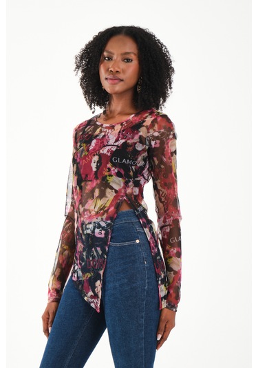 Yırtmaç Detaylı Tül Bluz Pembe