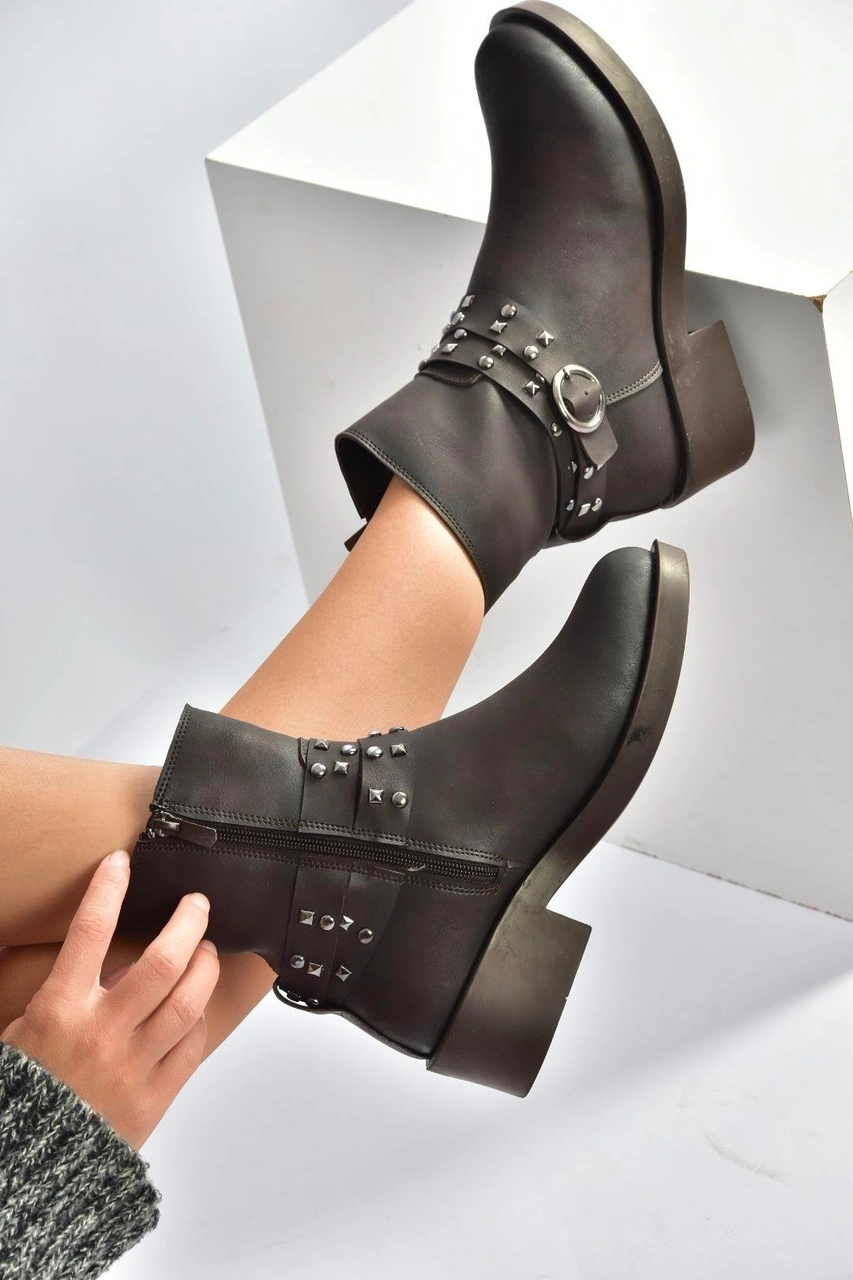 Fox Shoes V674121209 Kahverengi Alçak Topuklu Fermuarlı Kadın Bot Kahverengi-suni Deri