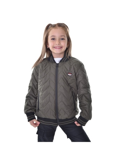 Kız Çocuk Haki Kolej Yaka İçi Astarlı Su Ve Rüzgar Geçirmez Fermuarlı Cep Mont Ceket Haki