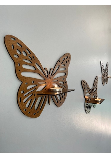 Dekoratif Kelebek Duvar Rafı 3'lü Set Ceviz Kelebekceviz