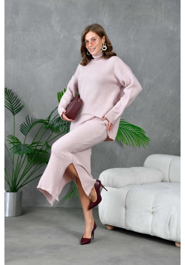 Kadın Balıkçı Yaka Oversize Kazak Uzun Etek İkili Triko Takım Pudra