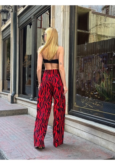 Kadın Yüksek Bel Kuşaklı Desenli %100 Viscose Pamuk Geniş Paça Şık Casual Büyük Beden Curve Pantolon Kırmızı