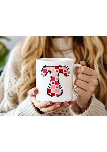 T Harfi Pembe Kareli Kalpli Göz Emojili Kupa Bardak Eğlenceli Kareli Tasarım Kahve Çay Kupası 07 Beyaz