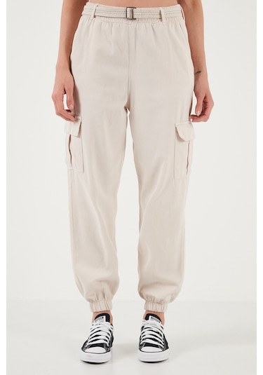 Lela Pamuklu Standart Fit Normal Bel Lastikli Paça Kemerli Jogger Bayan Pantolon 668Yp5045 Taş