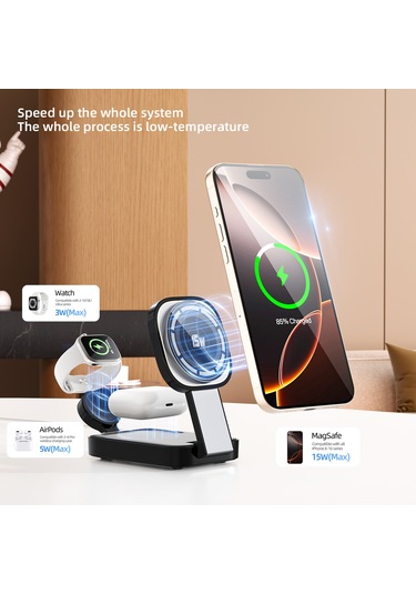 C40 3'ü 1 Arada Katlanabilir Şarj Standı Telefon İzle Kulaklık 15w Manyetik Kablosuz Şarj Cihazı Led Sıcak Işık Siyah