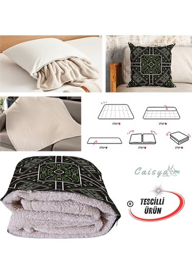 Yeşil Siyah Etnik Desen Tv Battaniyeli Opsiyonel Dekoratif Yastık Kırlent 2 İn 1 Battaniye Çok Renkli