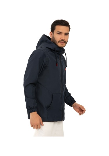 Riverstorm Erkek Lacivert İçi Astarlı Kanguru Cepli Su Ve Rüzgar Geçirmez Kapüşonlu Cepli Yağmurluk Lacivert